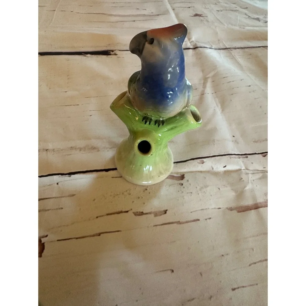Vintage Art Deco Czechoslovakian Ceramic Parrot Bud Vase Tree Stump Flower Frog